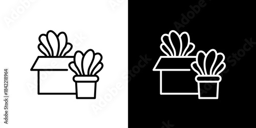 Single icon of two potted plants in boxes, black and white line art