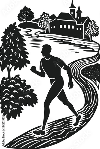 A silhouette illustration of a man jogging along a winding path in a scenic countryside setting