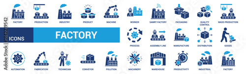 Factory icon set. Containing industry, production, machine, manufacture, warehouse, fabrication, goods and more. Flat vector icons collection.