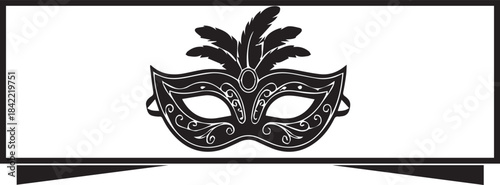 Elegant black masquerade mask with feathers on white background