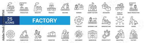Factory icon set. Containing industry, production, machine, manufacture, warehouse, fabrication, goods and more. Outline vector icons collection.