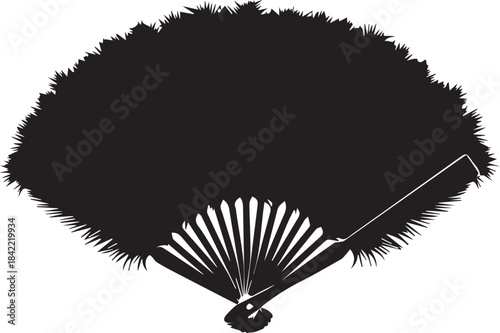 Elegant black feather fan displayed open on white background