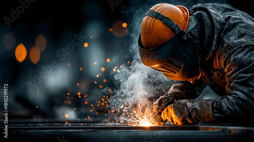 A welder wearing a protective mask and helmet is working with metal, and bright sparks are flying around.