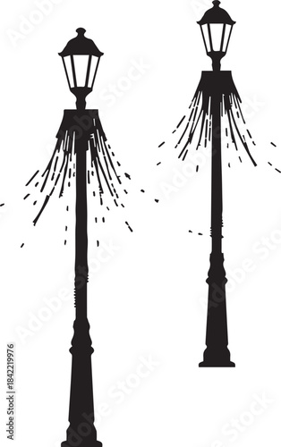 Two vintage street lamps with decorative elements against a white background