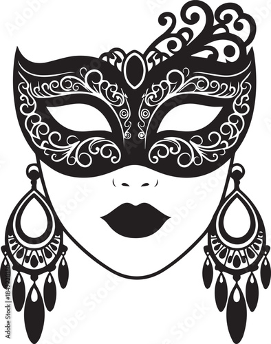 Elegant black masquerade mask with dangling earrings and lips