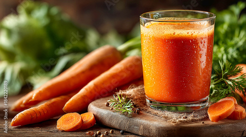 A glass of freshly squeezed carrot juice on a wooden board, with sliced and whole carrots, herbs, and spices. A natural drink, healthy nutrition, and freshness.