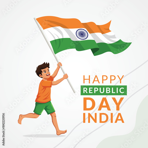 Happy republic day india celebration with boy waving indian flag