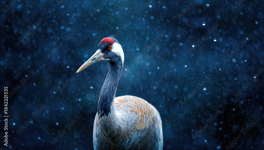 Fototapeta premium Atmospheric Close-Up of a Graceful Crane in the Falling Rain. Ai Generated Images