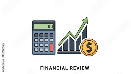 Calculator and upward trending financial graph with dollar coin symbolizing business growth and review