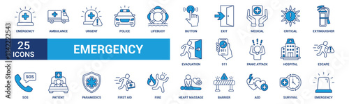 Emergency icon set. Containing ambulance, lifebuoy, first aid, police, medical, emergency exit, hospital and SOS icons. Blue icon collection.