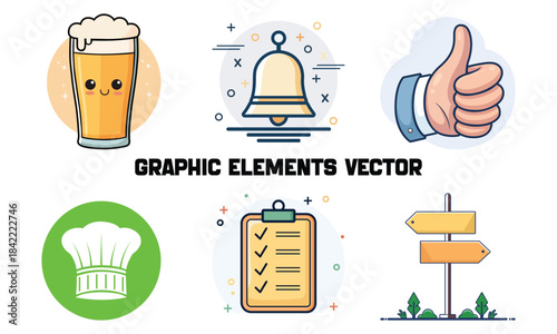 Graphic elements vector set featuring beer glass, bell, thumbs up, chef hat, checklist, and signpost icons