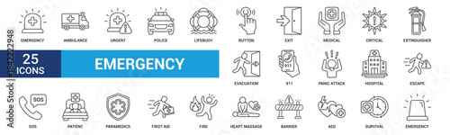 Emergency icon set. Containing ambulance, lifebuoy, first aid, police, medical, emergency exit, hospital and SOS icons. Outline icon collection.