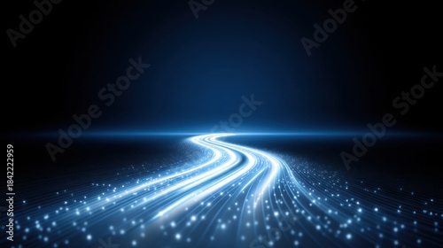 Ethereal Glow of Blue Light Trails in a Dark Space Creating a Mystical Pathway with Glimmering Stars and Deep Background for Abstract Themes