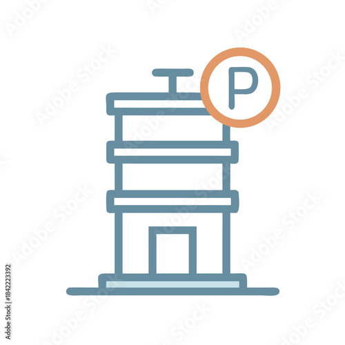 Parking symbol over a building icon representing designated parking spaces