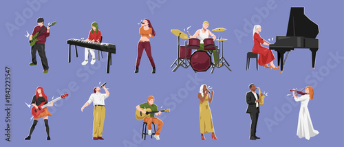 Set of cartoon male and female musicians with different instruments. Flat vector illustration.