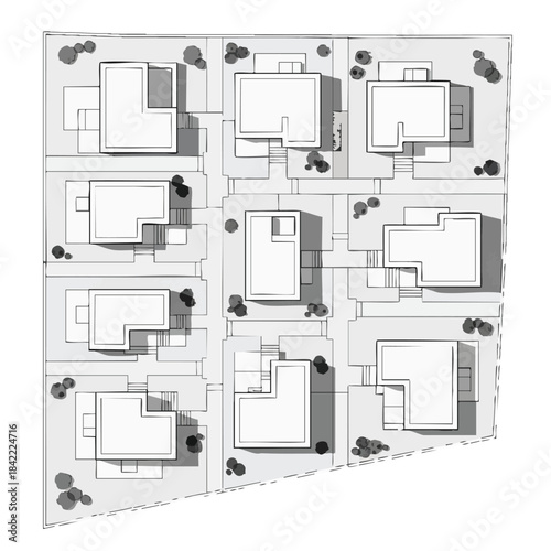 Top-down architectural site plan of a residential neighborhood with houses and trees.