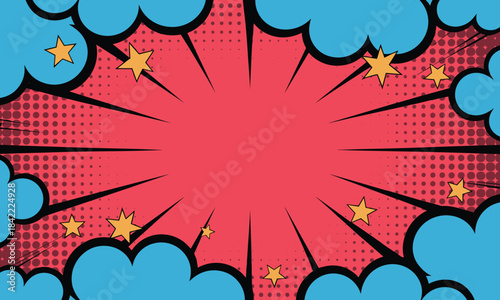 Comic book explosion burst with stars and clouds on a halftone dot background boom