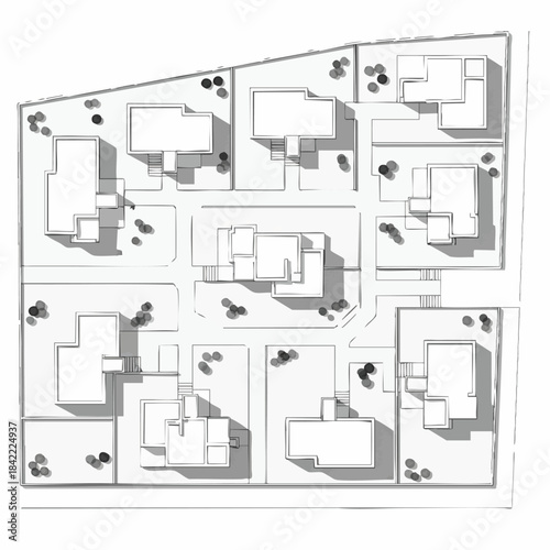 Top-down view of a residential neighborhood layout with houses and trees.