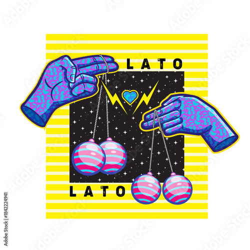Colorful Lato Lato Toy Illustration in Neon Pop Art Style. PRO VECTOR