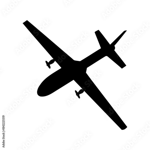 Silhouette of a twin engine propeller airplane flying on a white background