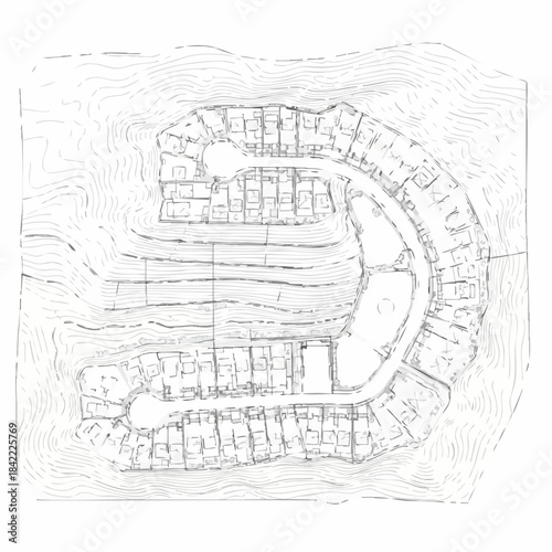 Architectural site plan sketch showing curved residential building layout with contour lines.