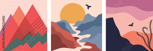 Triptych of Abstract Mid- Century Modern Landscapes with Mountains Sun and Birds mid-century modern
