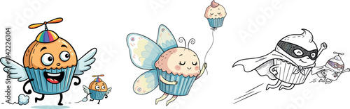 Flying Superhero Cupcake Mascot with Wings and Propeller Vector Illustration - Dessert, Party, Fast Delivery, and Cute Food Concept