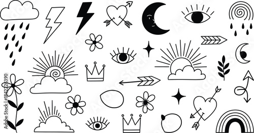 Black Doodle Icons Sun Moon Stars Clouds Raindrops Hearts Arrows Flowers Rainbow on White