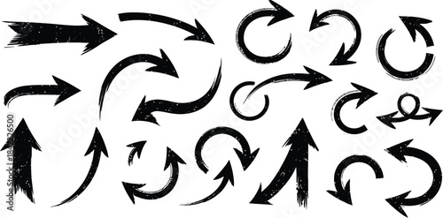 Collection of Black Hand Drawn Grunge Arrows and Circular Arrows on White Background direction
