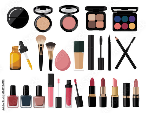 Clean vector illustration of makeup compacts, palettes, tools, nail polishes, lip products, and cosmetics arranged in a detailed horizontal layout