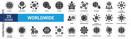 Worldwide icon set. Containing world, international, global, earth, network, sphere and globe. Glyph vector icons collection.