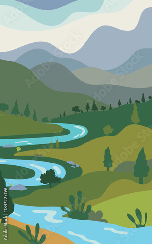 Mountain river landscape with blue sky and green hills