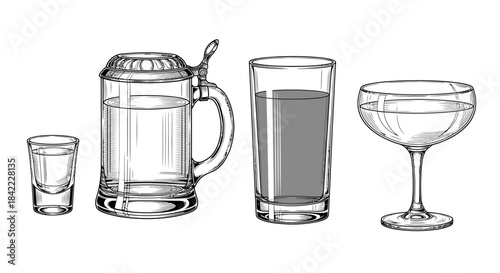 A collection of various drinking glasses and mugs, including a shot glass, a beer stein, a tall tumbler, and a stemmed coupe glass, in an engraved style.
