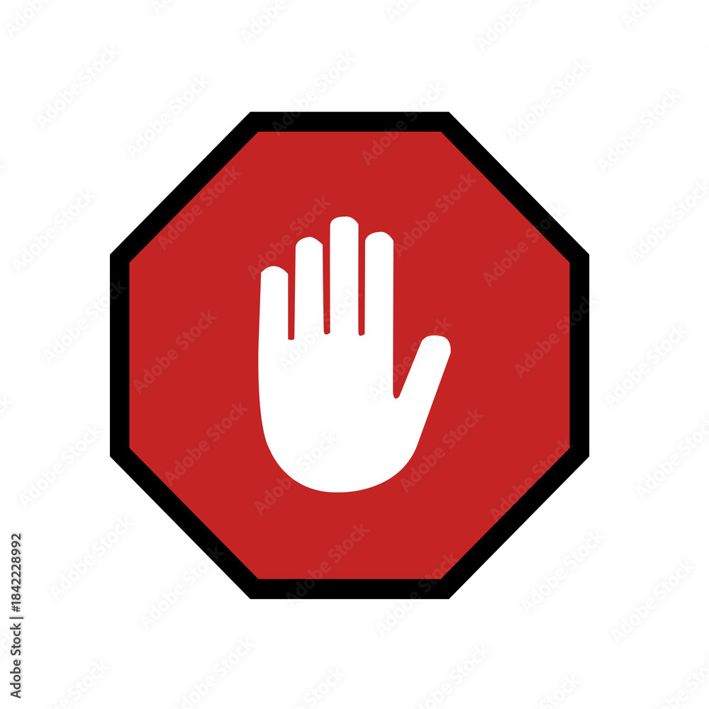 Obraz premium red octagonal stop sign with white hand gesture icon, minimalist warning and safety symbol isolated on white background