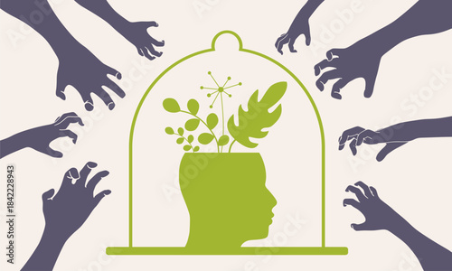 Psychotherapy concept. Metaphor of problem solving,mess, difficult situation. Psychological help and mental health. Human head with plants as positive emotions and hands reaching out to a head.