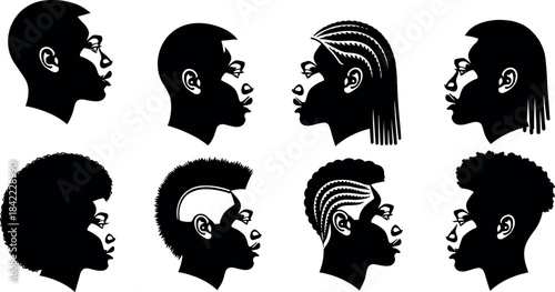 Black hairstyle silhouette collection featuring diverse afro, dreadlocks, cornrows, fade, mohawk profiles for cultural identity and expression