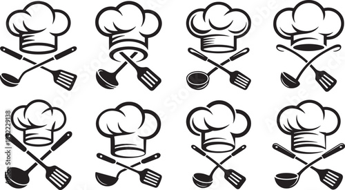 Set of eight chef hats with crossed kitchen utensils for cooking school and restaurant concepts
