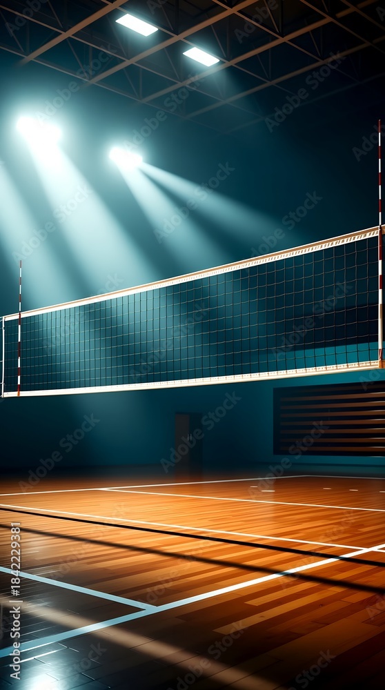 Obraz premium Empty indoor volleyball court bathed in dramatic spotlight beams and shadows