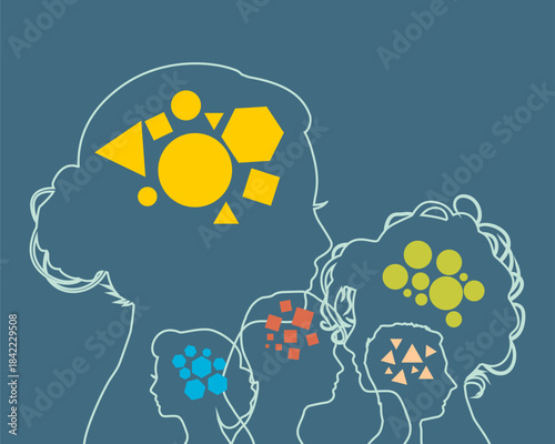 Neurodiversity in men. Logic. Thinking brain. Brainstorming. People with different skills, mindsets or psychological features. Abstract human head profile. Differences in personality characteristics.