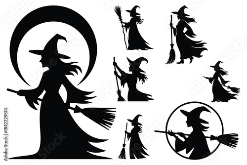 Black silhouette witches with brooms and moon vector