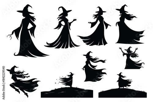 Black silhouettes of witches in various poses white background