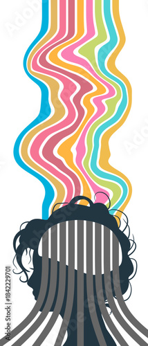 Thinking process. Colored lines from woman head. Business solution, possible idea variant, various flexible What If problem solving ways. Intelligence and knowledge development with brain performance.