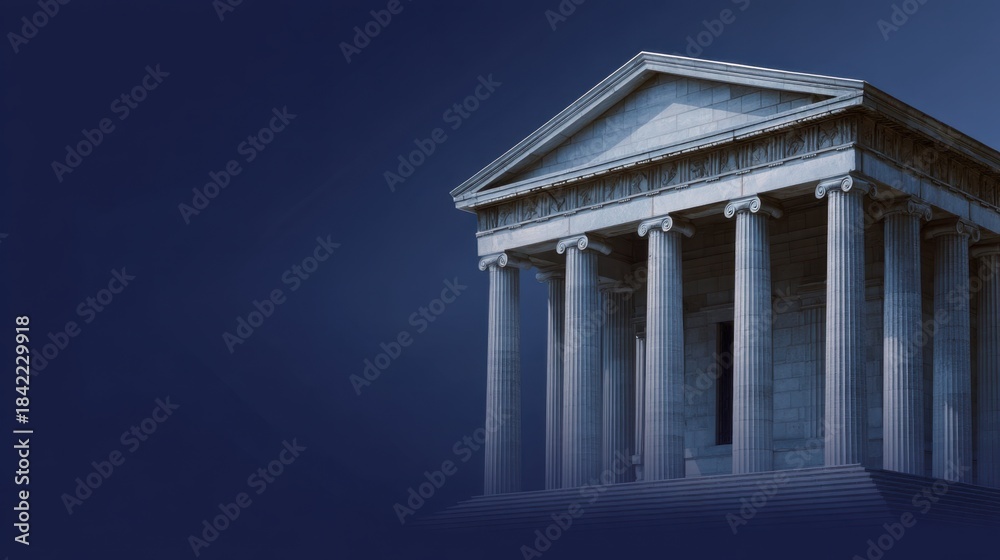 Fototapeta premium Classical architectural structure with columns and pediment highlighting ancient Roman design against a dark blue background