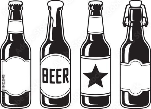 Set of beer bottles with various shapes and cap styles ideal for brewery labels and drinks