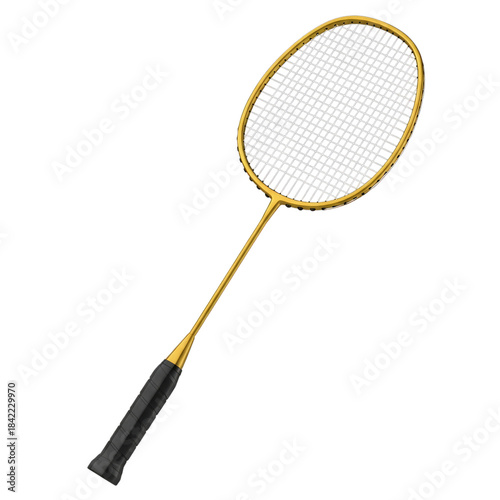 Gold badminton racket with black grip isolated on a transparent background sports