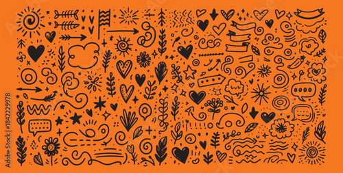 A clean black-and-white collection of hand-drawn doodle elements arranged in neat rows .