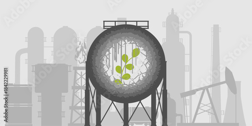 Oil industry icons with green plants inside oil storage tank. Earth day and save the world, zero waste concept. Growth, sustainability, environmental care, protection and nature conservation.