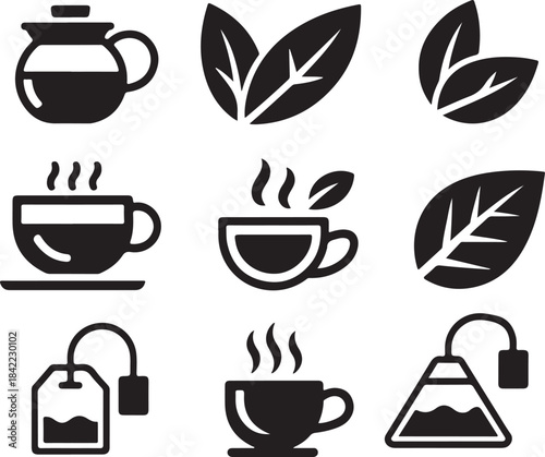 Collection of tea related items including teapots cups and tea bags for hot beverages