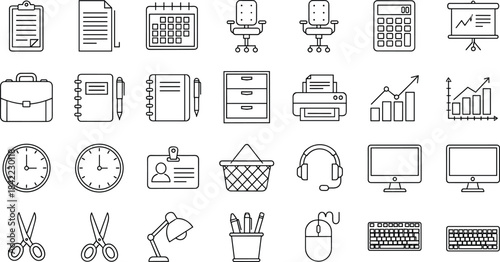Office and workspace icon set featuring stationery, computers, documents, calendars, productivity tools, business equipment, and organizational elements in clean outline style.