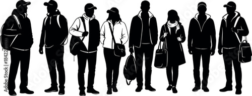 Silhouette of diverse casual people with bags, standing in row, urban fashion, travel accessories, vector illustration for design projects